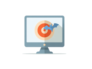 A flat design computer monitor showing a blue bat flying over a red target symbolizing a cyber attack.