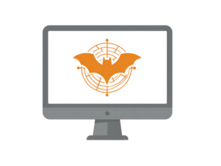 Modern grey desktop computer monitor displaying an orange bat logo on its white screen.