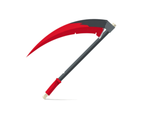 A sharp curved fantasy scythe with a vibrant red and black blade and a long grey handle.