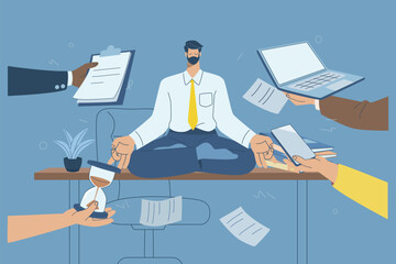 Stress management and work-life balance, A businessman sitting in a lotus pose at his desk.