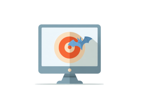 A flat design computer monitor showing a blue bat flying over a red target symbolizing a cyber attack. - Powered by Adobe