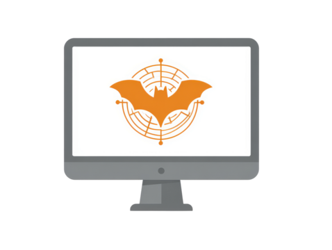 Modern grey desktop computer monitor displaying an orange bat logo on its white screen.