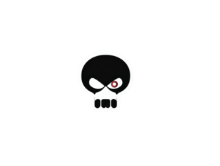 A stylized black skull with a thick white outline and a single menacing red eye.