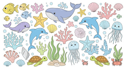 Obraz premium Playful Ocean Life Cartoon Vector Illustration, Ideal for Children's Books, Educational Materials, and Whimsical Design Projects, promoting creativity and learning about marine animals.