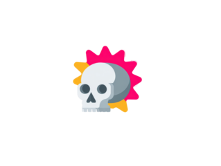Stylized gray skull with a vibrant pink and yellow spiky sunburst mohawk presented in a flat graphic design style.