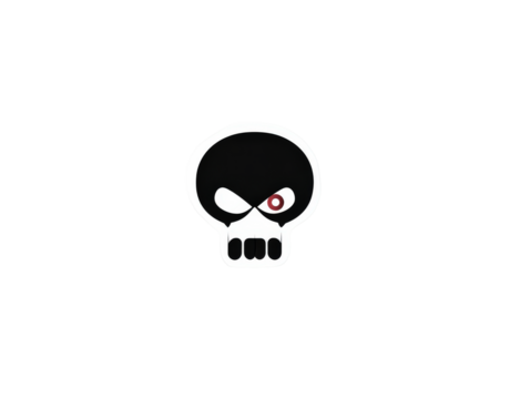 A stylized black skull with a thick white outline and a single menacing red eye.