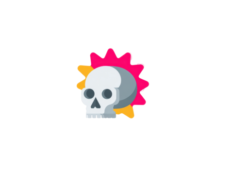 Stylized gray skull with a vibrant pink and yellow spiky sunburst mohawk presented in a flat graphic design style.