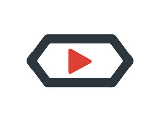 Textured red play button icon in a dark grey rounded hexagonal frame.