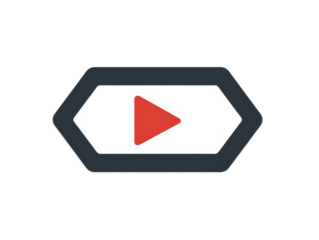 Textured red play button icon in a dark grey rounded hexagonal frame.