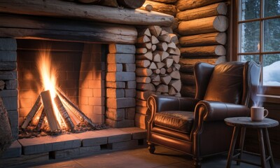 Obraz premium Cozy log cabin fireplace with armchair