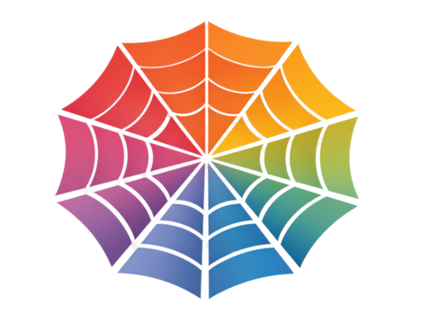 Stylized octagonal spiderweb with a vibrant rainbow color wheel gradient and white lines.