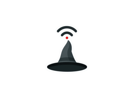 A modern witch hat sticker broadcasting a Wi-Fi signal with a red dot from its pointed tip.