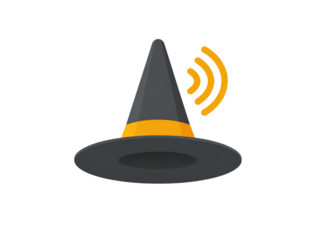 A dark grey pointed witch hat with a yellow band and an orange wireless signal icon.