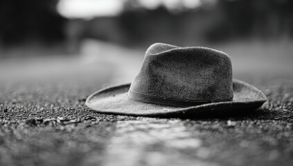 A weathered hat rests on a roadside