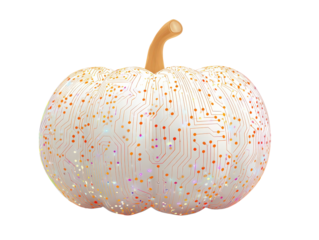 Technological white pumpkin featuring a detailed iridescent orange circuit board pattern.