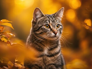 Obraz premium A beautiful tabby cat with golden eyes is surrounded by warm, blurry autumn foliage and glowing bokeh lights.