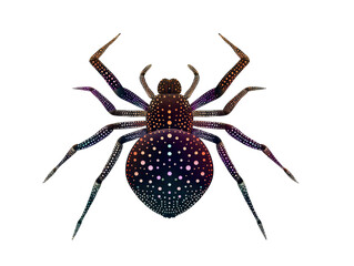 Fototapeta premium Vibrant multicolored polka dot spider with a dark glossy body in a symmetrical pose.