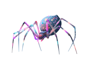 A vibrant multicolored spider with a glowing polka-dot pattern and long slender legs.