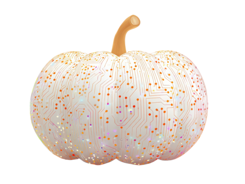Technological white pumpkin featuring a detailed iridescent orange circuit board pattern.
