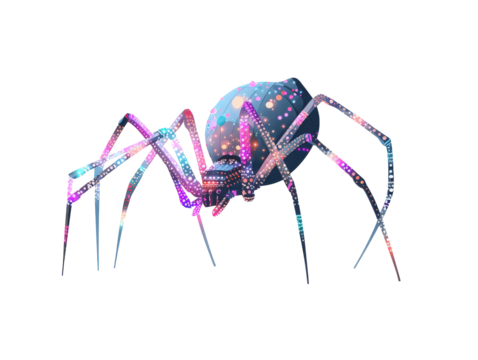 A vibrant multicolored spider with a glowing polka-dot pattern and long slender legs.