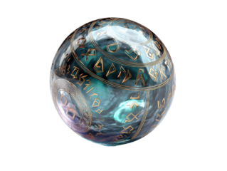 Mystical teal crystal orb with intricate golden runes and swirling inner energy.