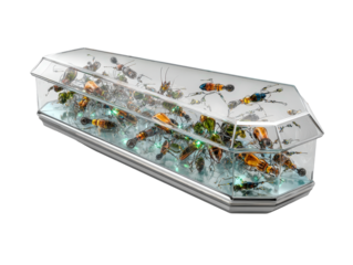 Futuristic glass coffin sculpture filled with intricate illuminated robotic insects.