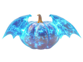 A fantastical pumpkin with glowing blue demonic wings and crackling electric energy.