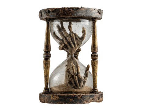 A creepy rustic hourglass with a weathered frame and skeletal hands reaching through falling sand.