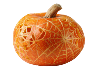 An orange pumpkin intricately carved with a detailed spiderweb pattern for Halloween.