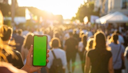 A person holds a green screen smartphone in their hand, capturing a vibrant outdoor street festival scene with a blurred crowd and warm sunlight.