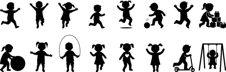 Stickman kids play and fun activity icons vector – children dancing, jumping, games, sports silhouette set