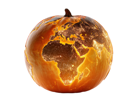 Carved Halloween pumpkin resembling planet Earth with glowing continents of Europe and Africa at night.