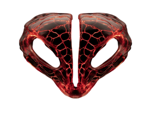Symmetrical molten obsidian mask with a glowing network of fiery red cracks.