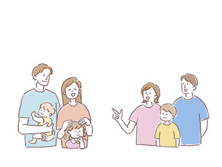 ２組の家族、家族セット、線画