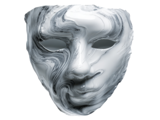 Artistic monochrome mask with a glossy fluid texture and swirling marbled patterns.
