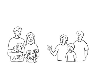 ２組の家族、家族セット、線画