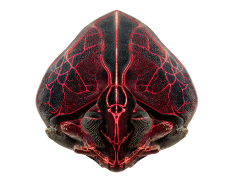 Macro front view of a unique black insect with a textured carapace and glowing red vascular patterns.