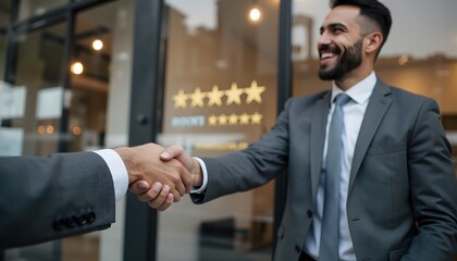 Businessmen Shake Hands in Front of Modern Office Building with Five Star Signage