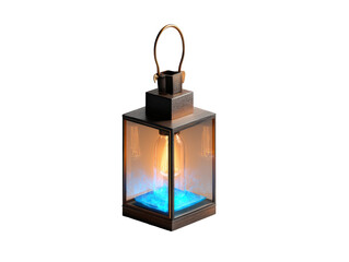 Obraz premium Rustic wooden lantern with a vintage Edison bulb and a unique glowing blue crystal base.