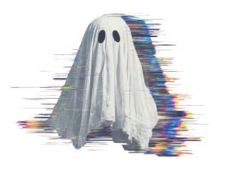 A classic white sheet ghost costume with a vibrant distorted digital glitch effect.