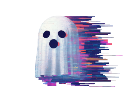 Digital ghost illustration with a vibrant colorful pixel stretch glitch effect.