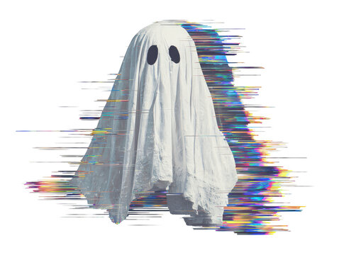 A classic white sheet ghost costume with a vibrant distorted digital glitch effect.
