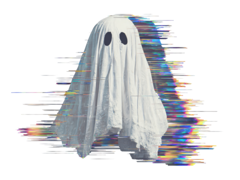 A classic white sheet ghost costume with a vibrant distorted digital glitch effect.