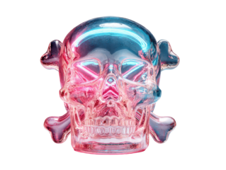 A glossy transparent skull and crossbones sculpture with internal pink and blue neon lights.