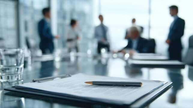 Medium focused shot on a conference table with one privacy expert reviewing documents while blurred team members discuss data collaboration strategies for brand and publisher