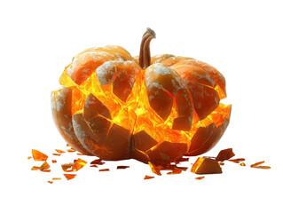 An exploding orange pumpkin with a fiery glowing crystalline core and shattered pieces.