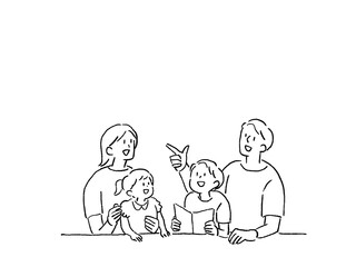 本を読む男の子、笑顔の家族、線画