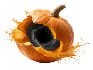 Abstract orange pumpkin with a swirling black vortex and dynamic juice splash.