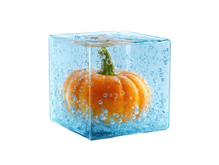 Vibrant orange pumpkin with a green stem frozen inside a clear bubbly blue ice cube.