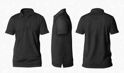 Black polo shirt mockup isolated on white background, ready to use.
